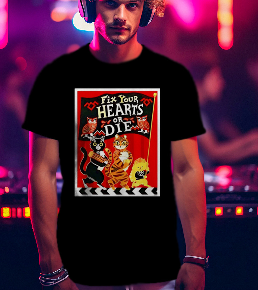 Twin Peaks Cats Fix Your Hearts Or Die David Lynch Owls Red Banner T-Shirt