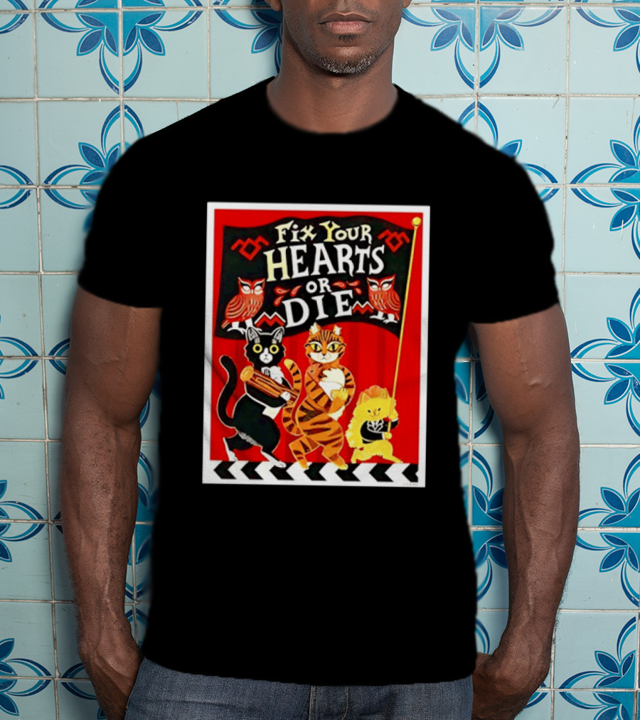 Twin Peaks Cats Fix Your Hearts Or Die David Lynch Owls Red Banner T-Shirt