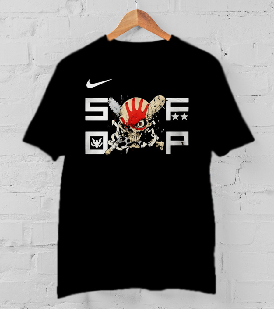 SDFP Skull Chains Brass Knuckles Design With Nike Logo And Red Handprint T-Shirt