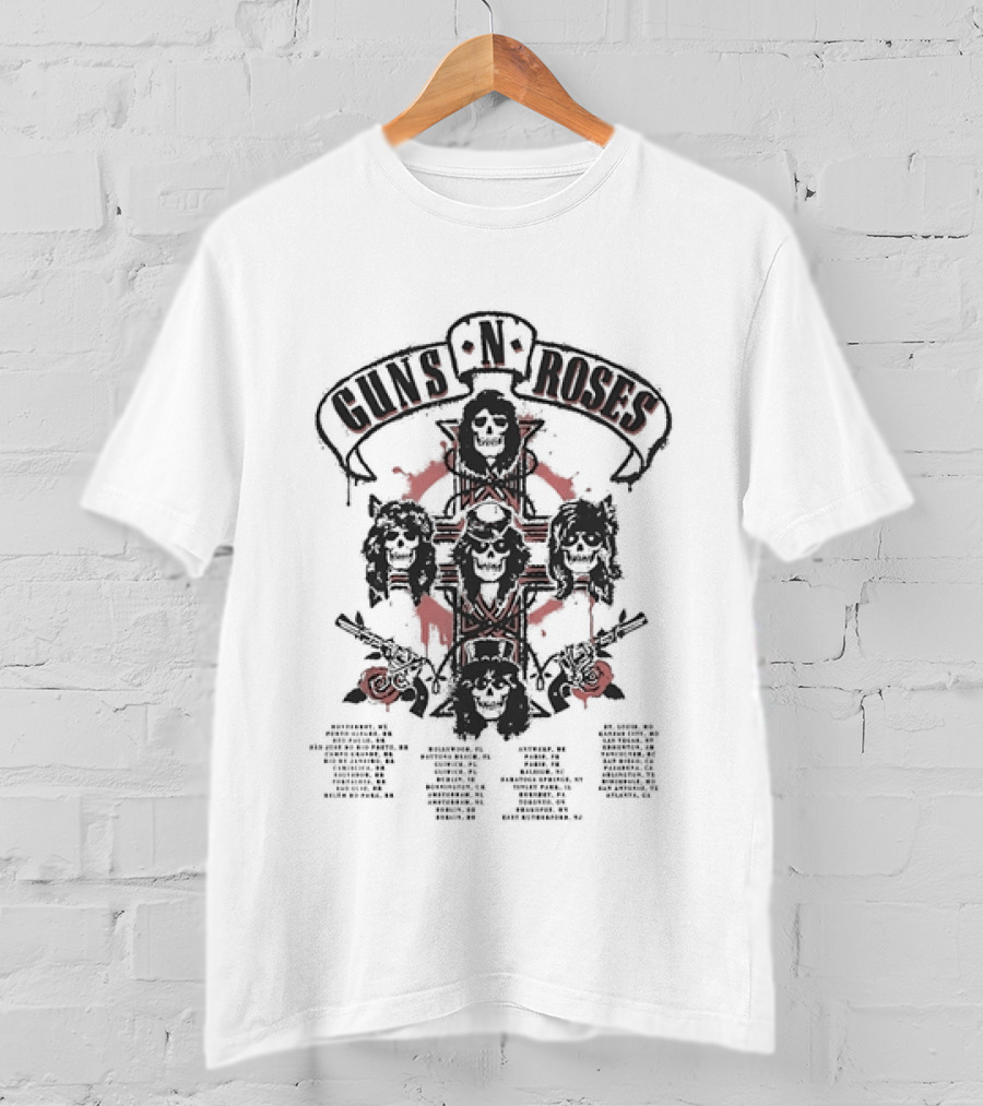 Guns N Roses 2026 World Tour Cross With Spray Painted Red Roses T-Shirt