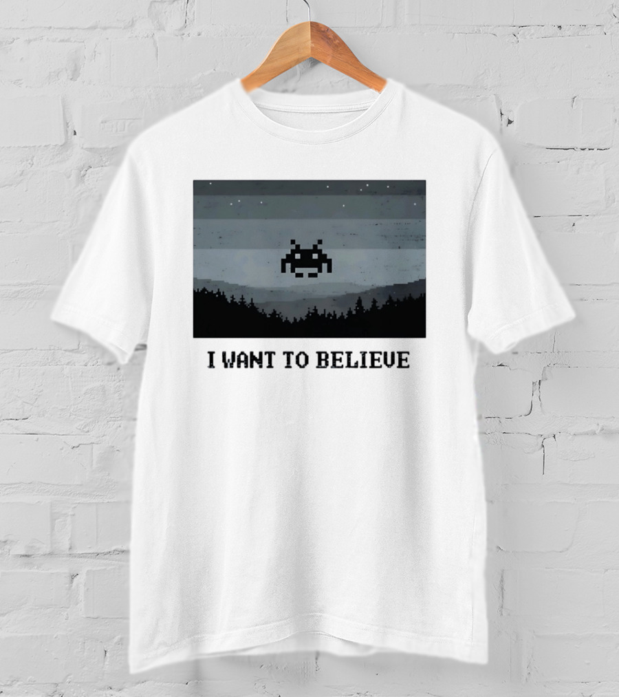I Want To Believe Space Invader Pixel UFO Forest Scene T-Shirt