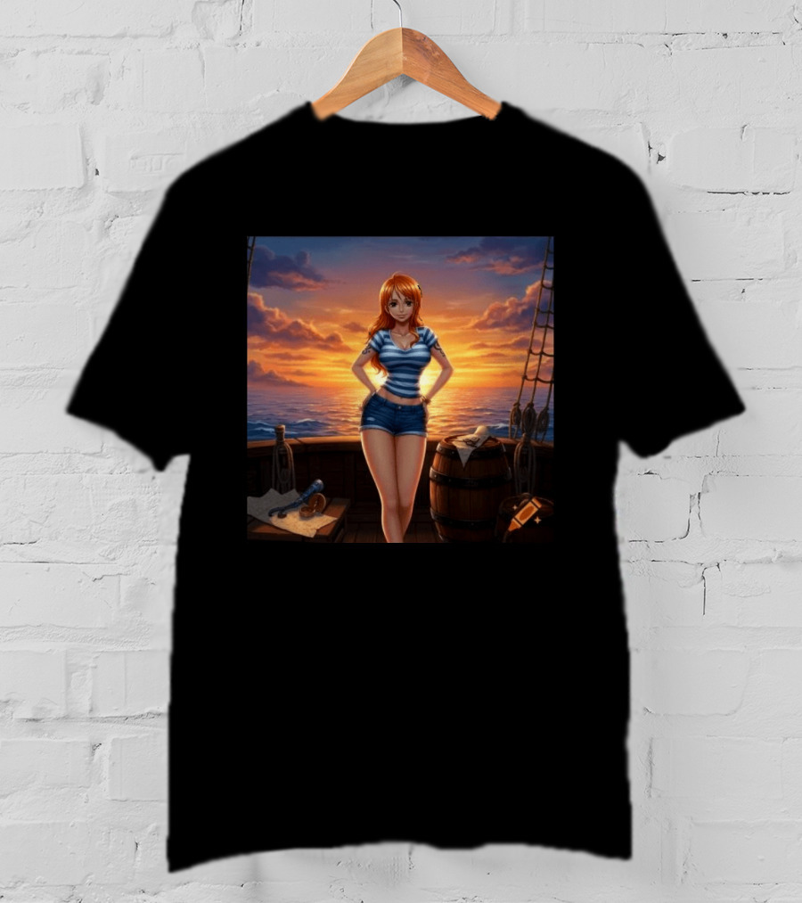 Nami One Piece Joyful Sunset Pirate Ship Ocean Scene T-Shirt