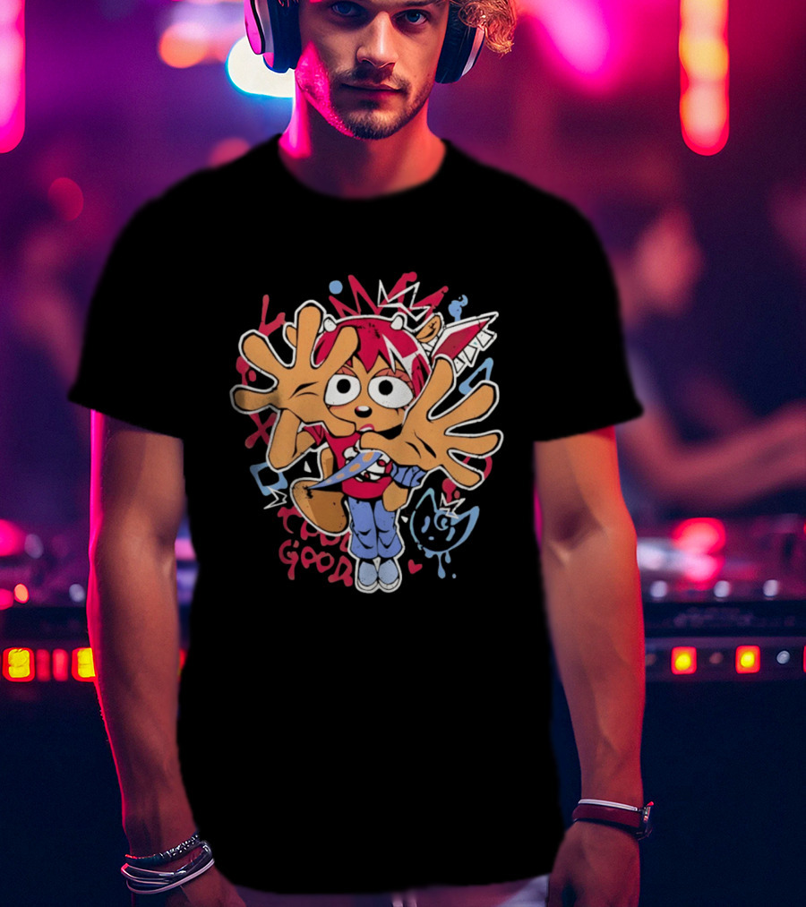 True Good Anime Distressed Graffiti Cartoon Character With Red Hair And Large Hands T-Shirt