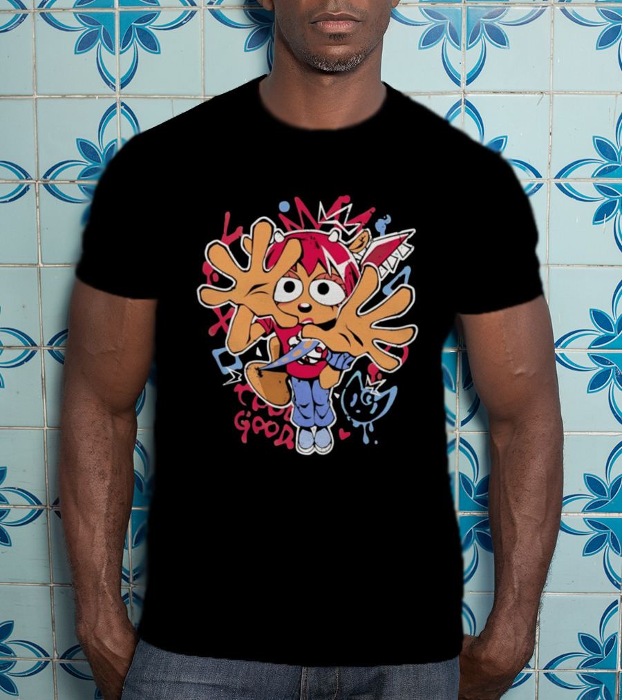 True Good Anime Distressed Graffiti Cartoon Character With Red Hair And Large Hands T-Shirt