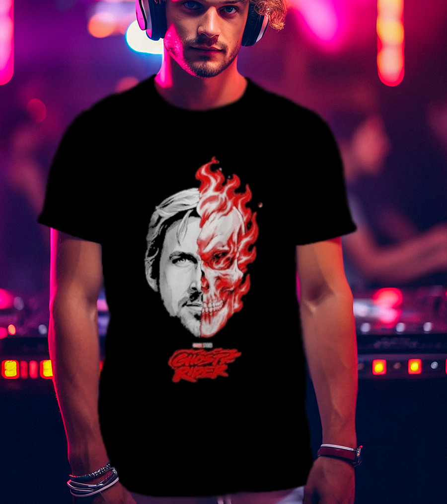 Ryan Gosling Ghost Rider 2028 Split Face Fiery Skull T-Shirt