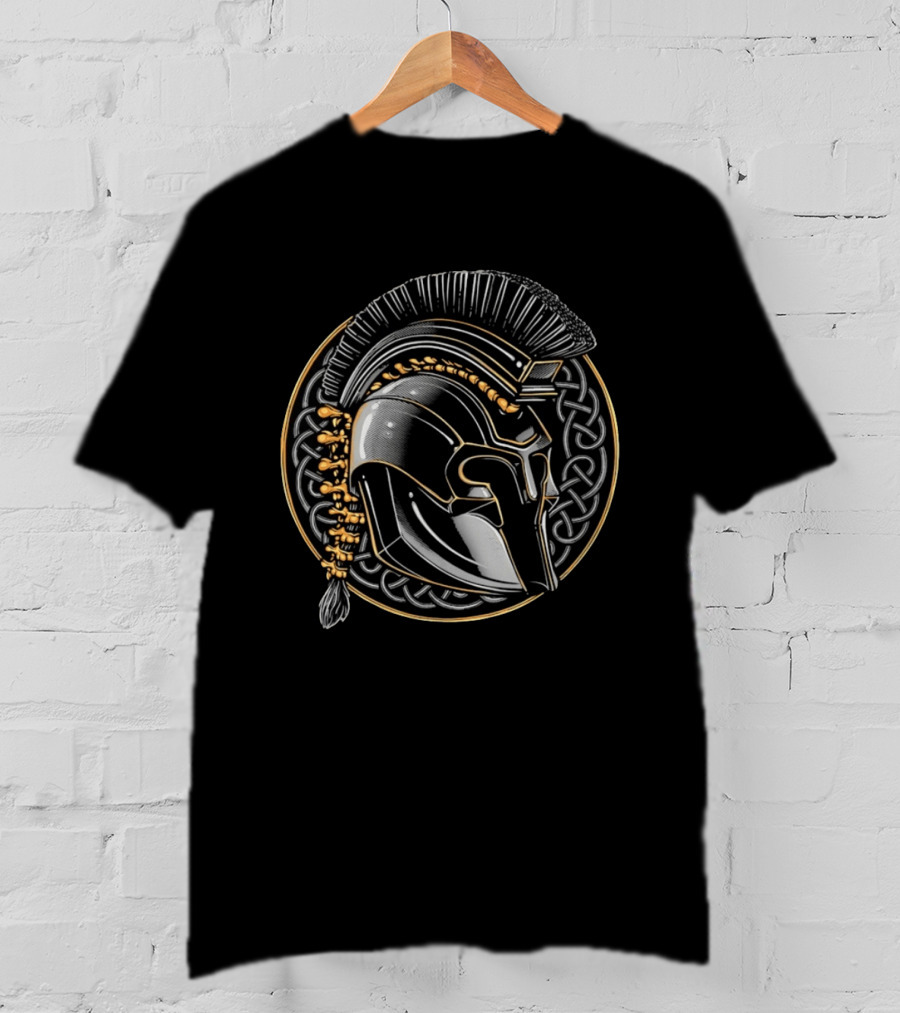 Spartan Helmet Celtic Knot Motif With Braided Spinal Column T-Shirt