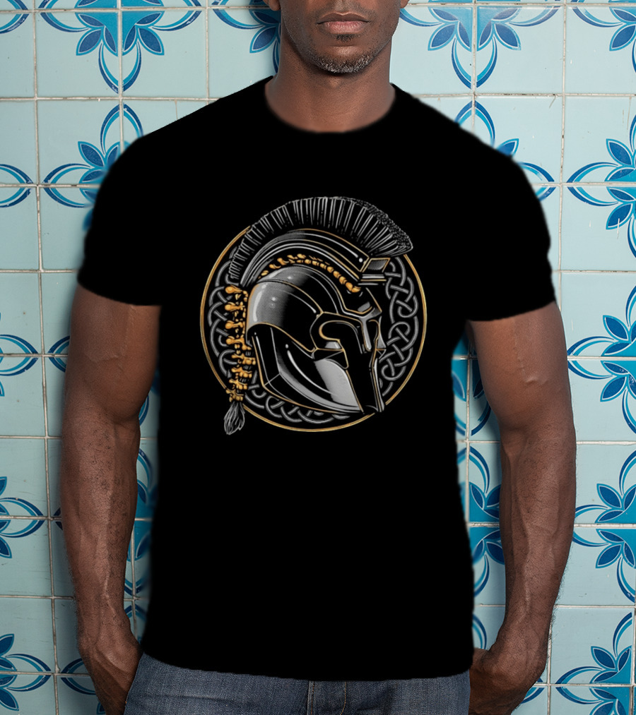 Spartan Helmet Celtic Knot Motif With Braided Spinal Column T-Shirt