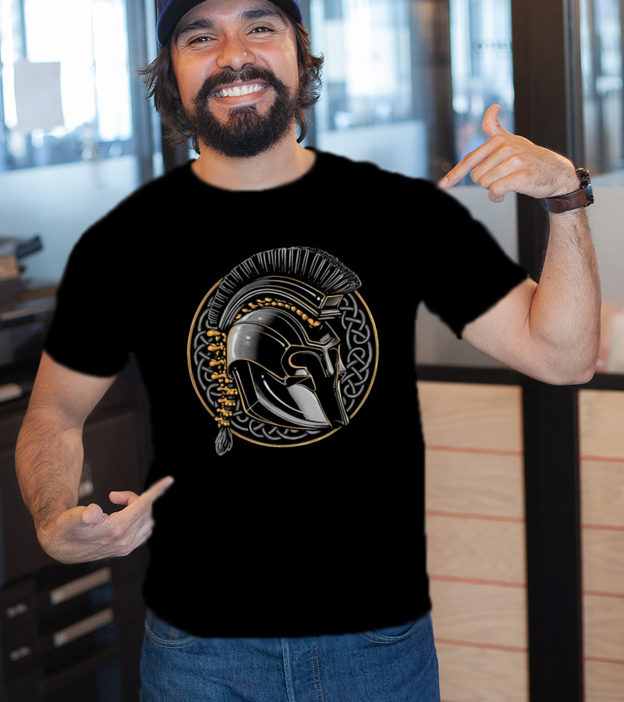 Spartan Helmet Celtic Knot Motif With Braided Spinal Column T-Shirt