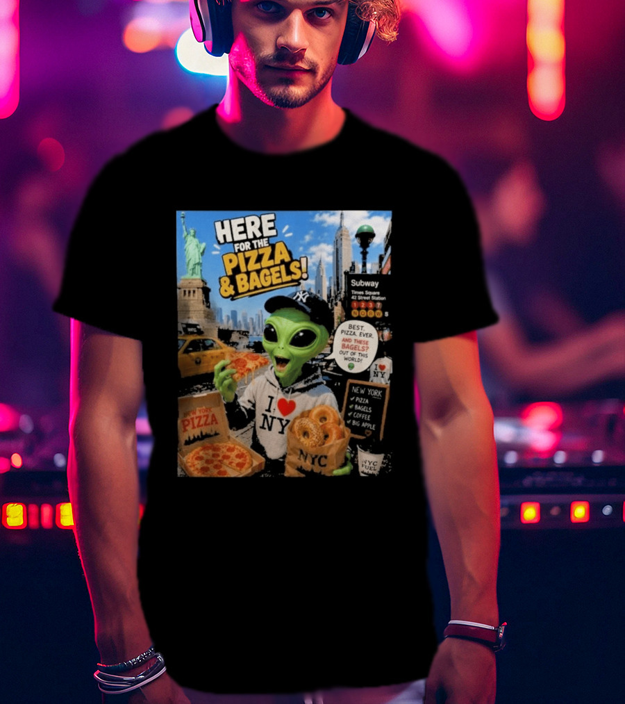 NYC Alien Loves Pizza And Bagels With Statue Of Liberty And Times Square Subway T-Shirt