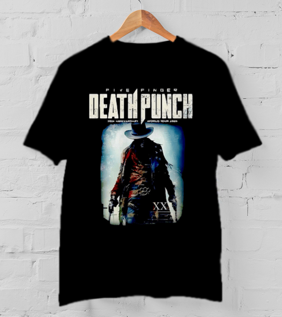 Five Finger Death Punch 20th Anniversary World Tour 2026 Cowboy Imagery With Knuckle Duster And Pistols T-Shirt