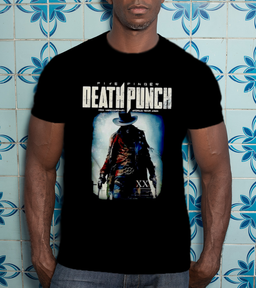 Five Finger Death Punch 20th Anniversary World Tour 2026 Cowboy Imagery With Knuckle Duster And Pistols T-Shirt