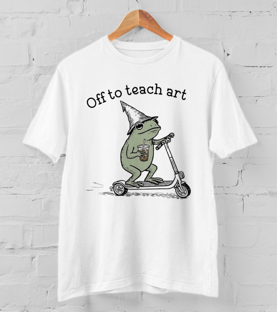 Frog Off To Teach Art With Iced Coffee On Scooter T-Shirt