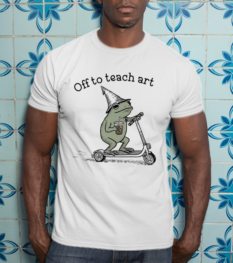 Frog Off To Teach Art With Iced Coffee On Scooter T-Shirt