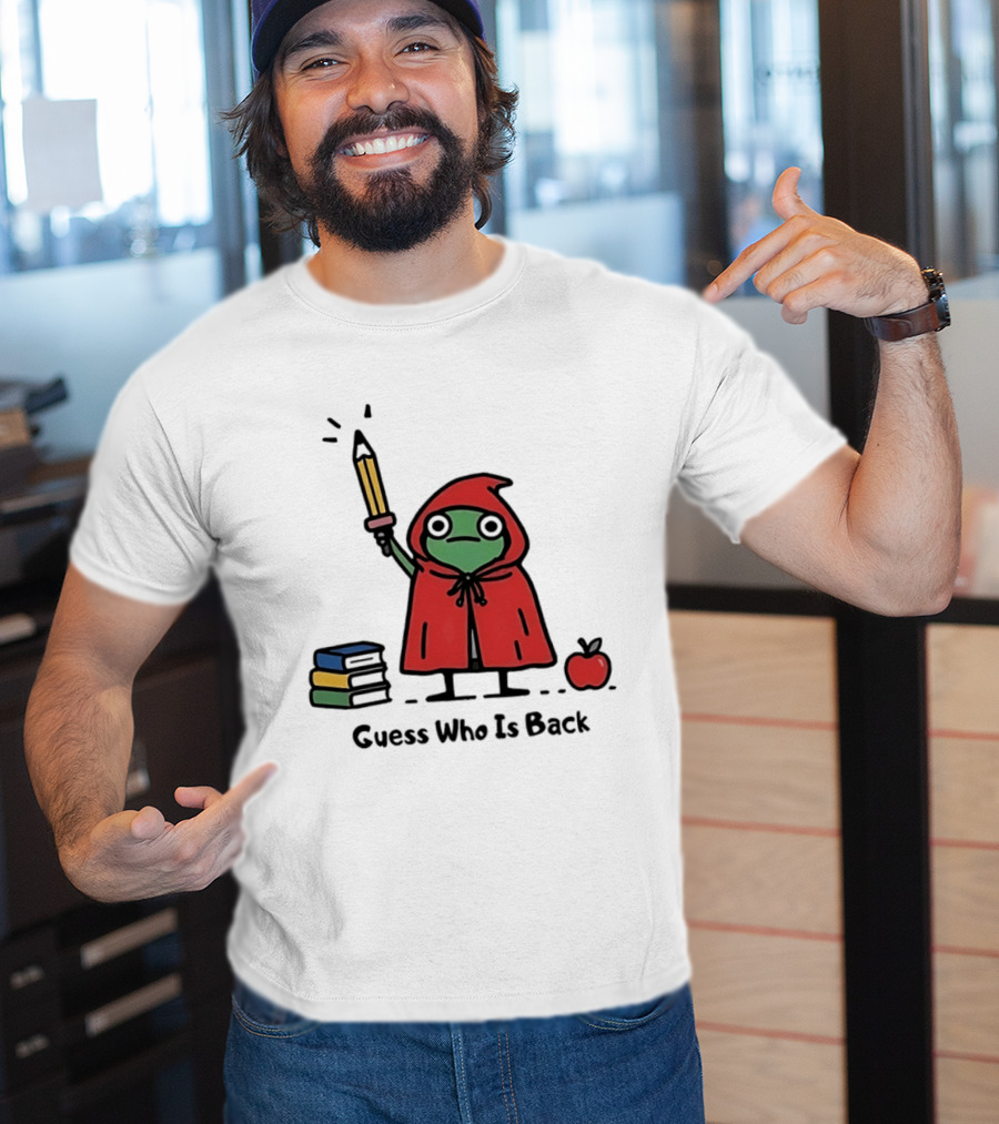 Guess Who Is Back Frog In Red Cape With Pencil Books And Apple T-Shirt
