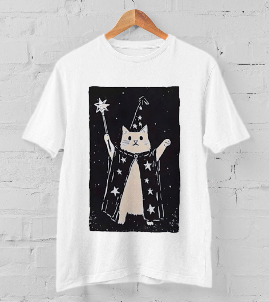 The Magician Cat Tarot Card Wizard Hat Starry Cloak Magic Wand T-Shirt