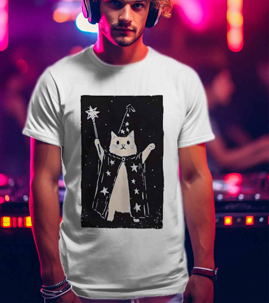 The Magician Cat Tarot Card Wizard Hat Starry Cloak Magic Wand T-Shirt