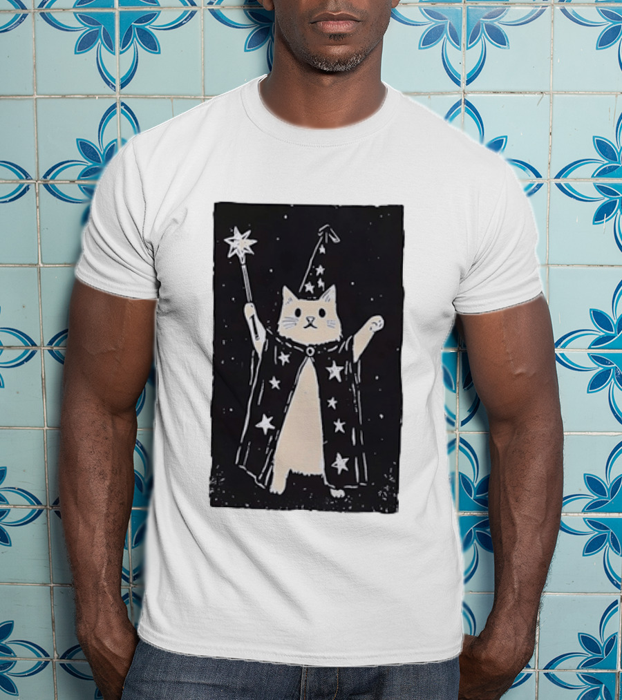 The Magician Cat Tarot Card Wizard Hat Starry Cloak Magic Wand T-Shirt
