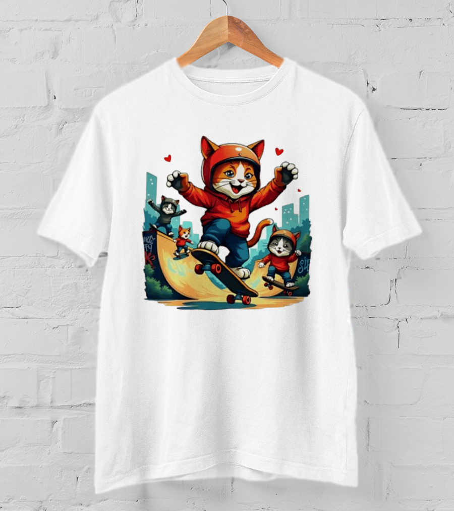Skateboarding Cats In Helmets With Hearts And Cityscape T-Shirt