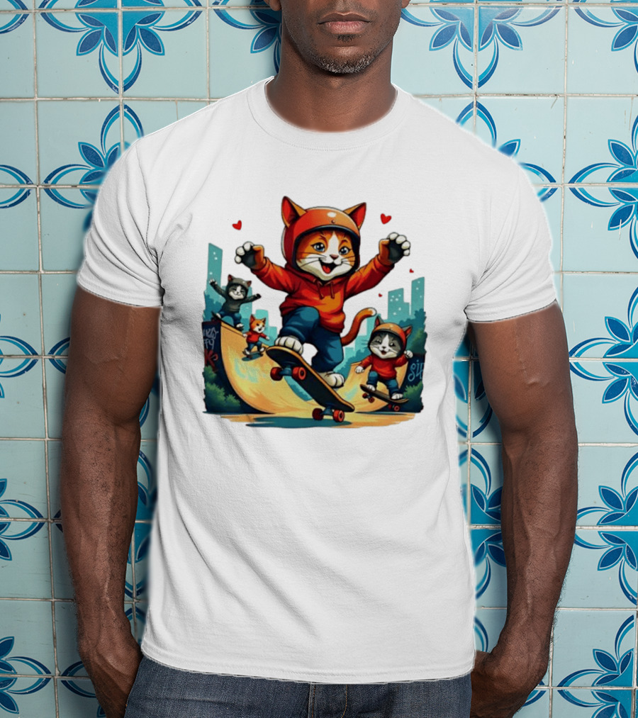 Skateboarding Cats In Helmets With Hearts And Cityscape T-Shirt