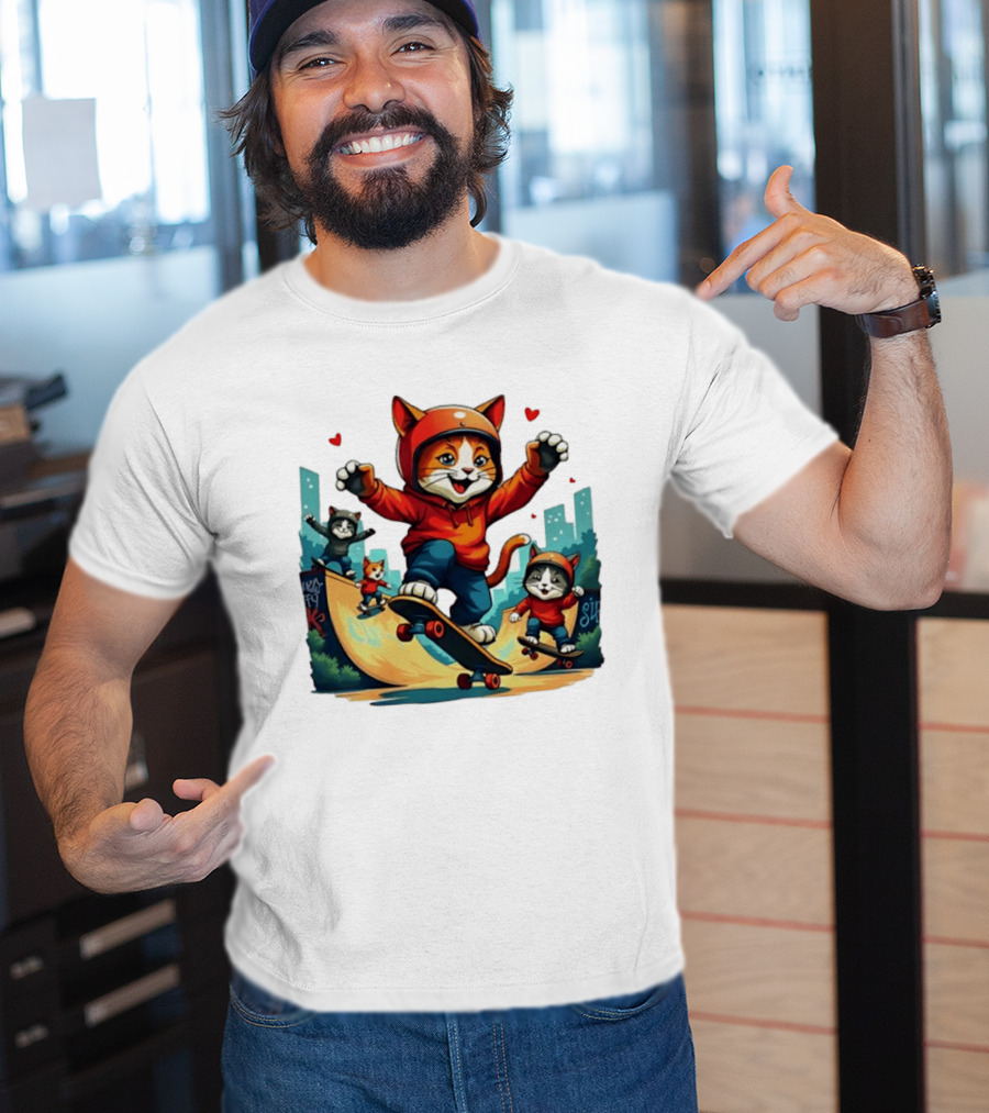 Skateboarding Cats In Helmets With Hearts And Cityscape T-Shirt
