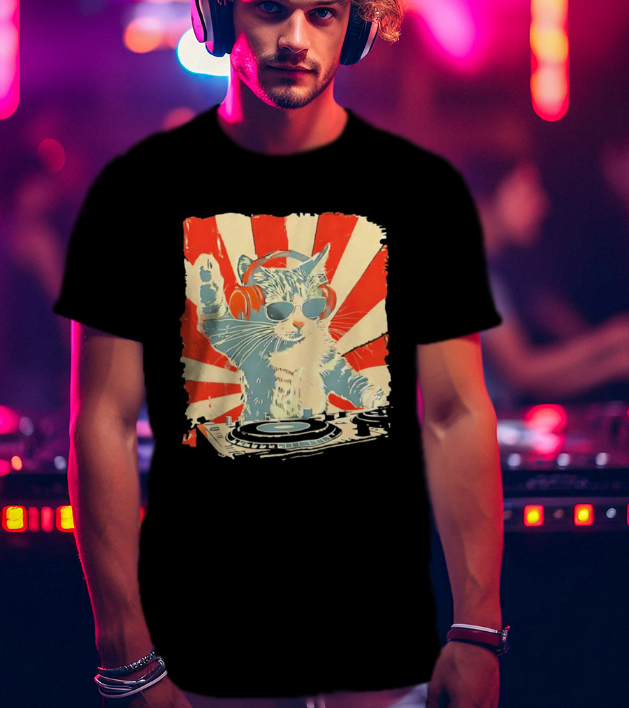 DJ Cat Headphones Sunglasses Retro Style Music Lover T-Shirt