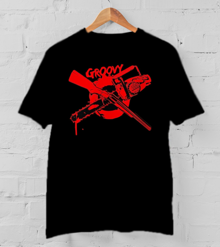 Ash Williams Evil Dead Groovy Chainsaw Shotgun T-Shirt