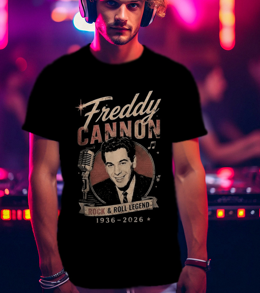 Freddy Cannon Rock & Roll Legend In Loving Memory 1936 2026 Microphone Musical Notes T-Shirt