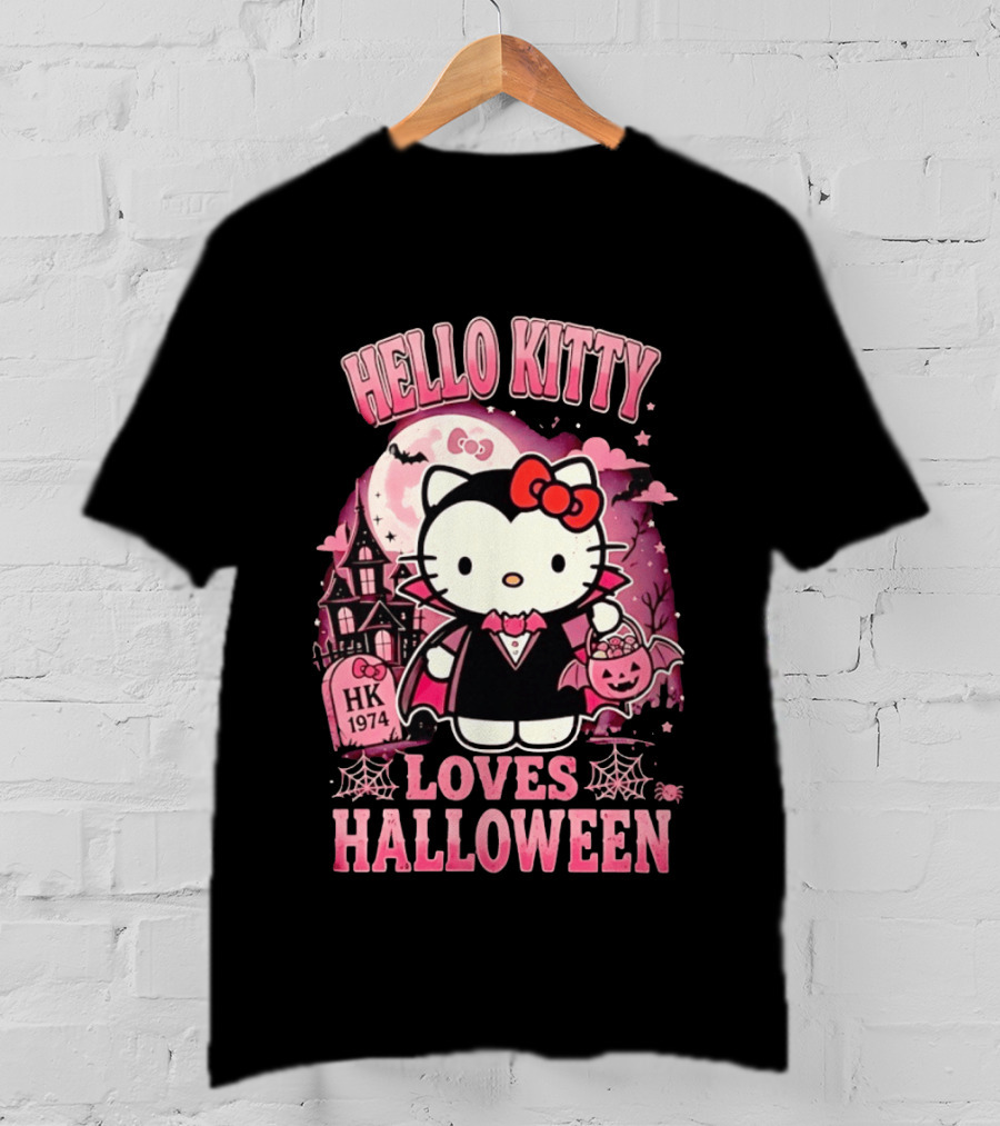Hello Kitty Loves Halloween Vampire Costume Pink Bats And Haunted House T-Shirt
