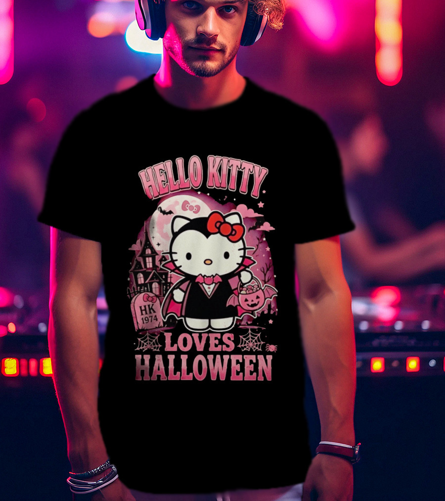 Hello Kitty Loves Halloween Vampire Costume Pink Bats And Haunted House T-Shirt