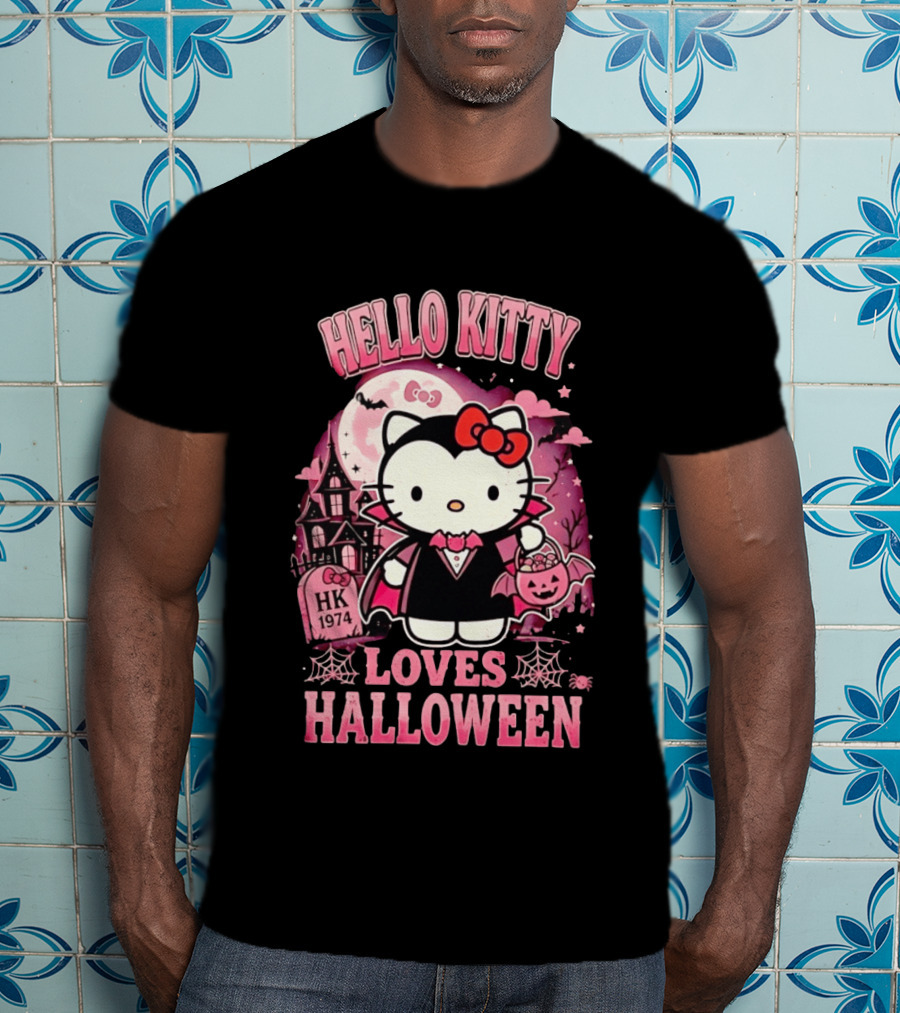 Hello Kitty Loves Halloween Vampire Costume Pink Bats And Haunted House T-Shirt