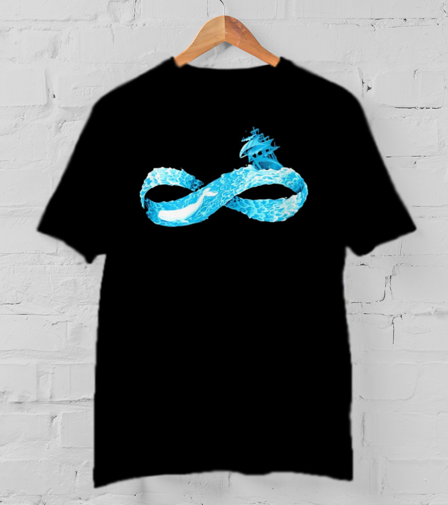 Infinity Symbol With Whale Swimming Beneath Sailing Ship Formed By Ocean Waves T-Shirt