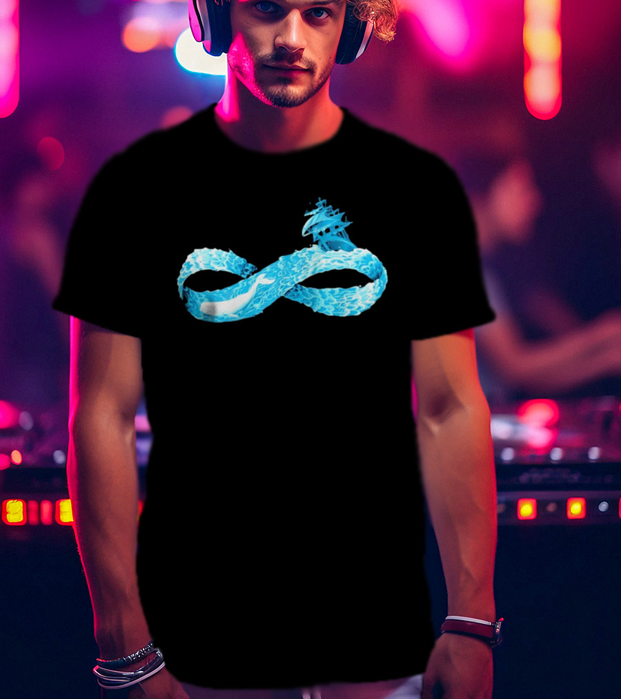 Infinity Symbol With Whale Swimming Beneath Sailing Ship Formed By Ocean Waves T-Shirt
