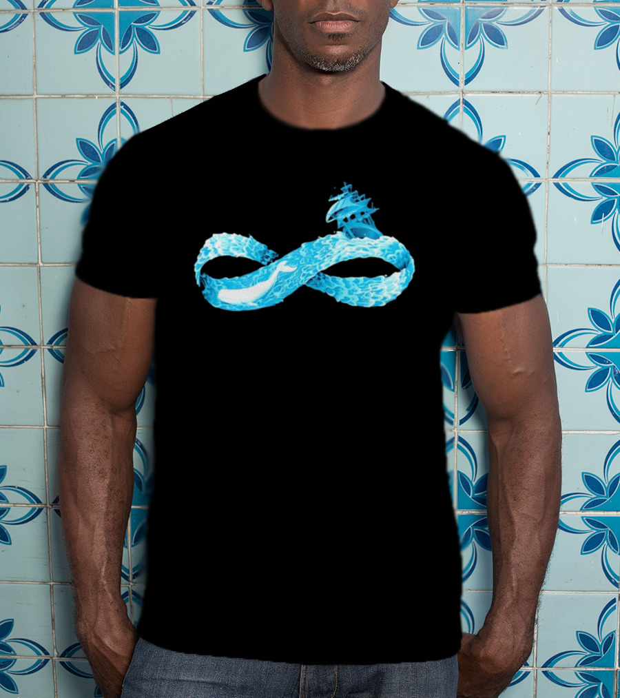 Infinity Symbol With Whale Swimming Beneath Sailing Ship Formed By Ocean Waves T-Shirt
