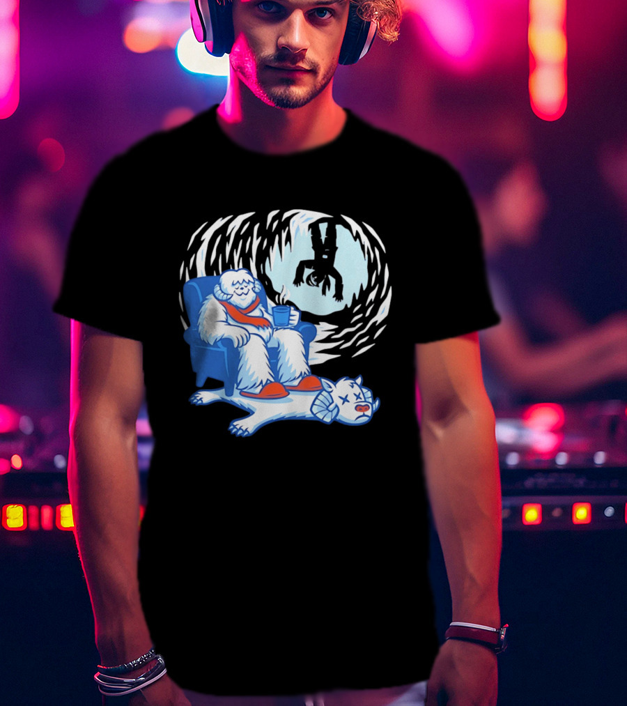 Yeti Relaxing In A Chair With Hot Drink And Abominable Snowman Rug T-Shirt