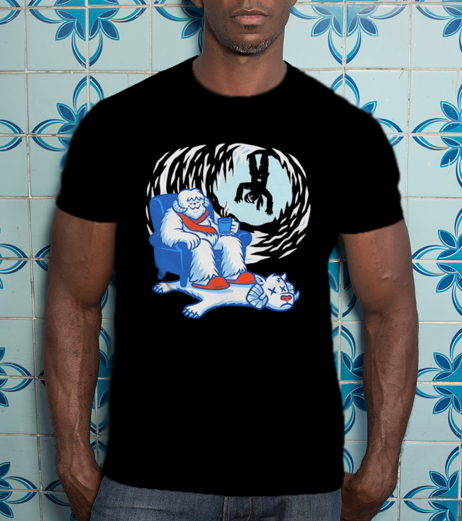 Yeti Relaxing In A Chair With Hot Drink And Abominable Snowman Rug T-Shirt