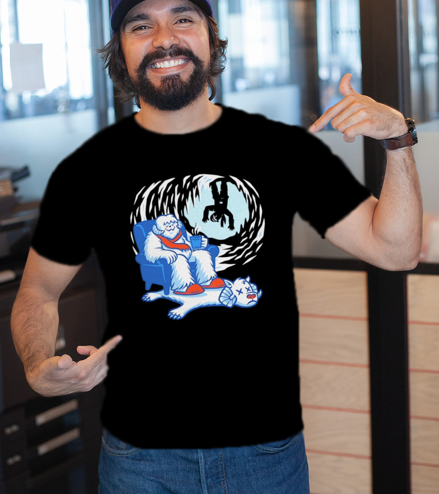 Yeti Relaxing In A Chair With Hot Drink And Abominable Snowman Rug T-Shirt