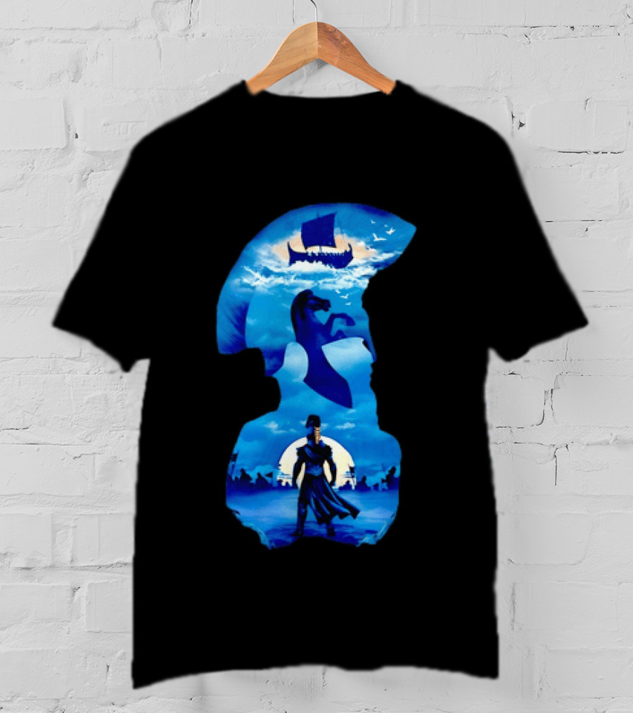 Spartan Warrior With Trojan Horse And Ancient Ship In Mythical Blue Scene T-Shirt