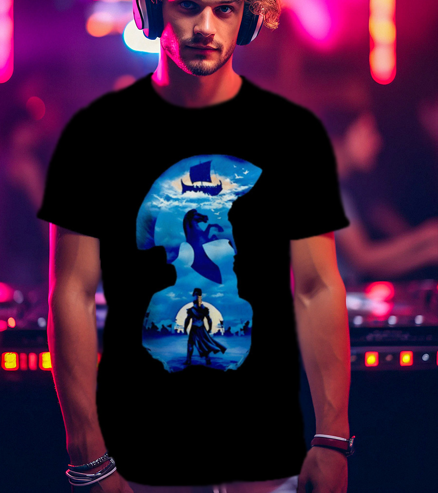 Spartan Warrior With Trojan Horse And Ancient Ship In Mythical Blue Scene T-Shirt