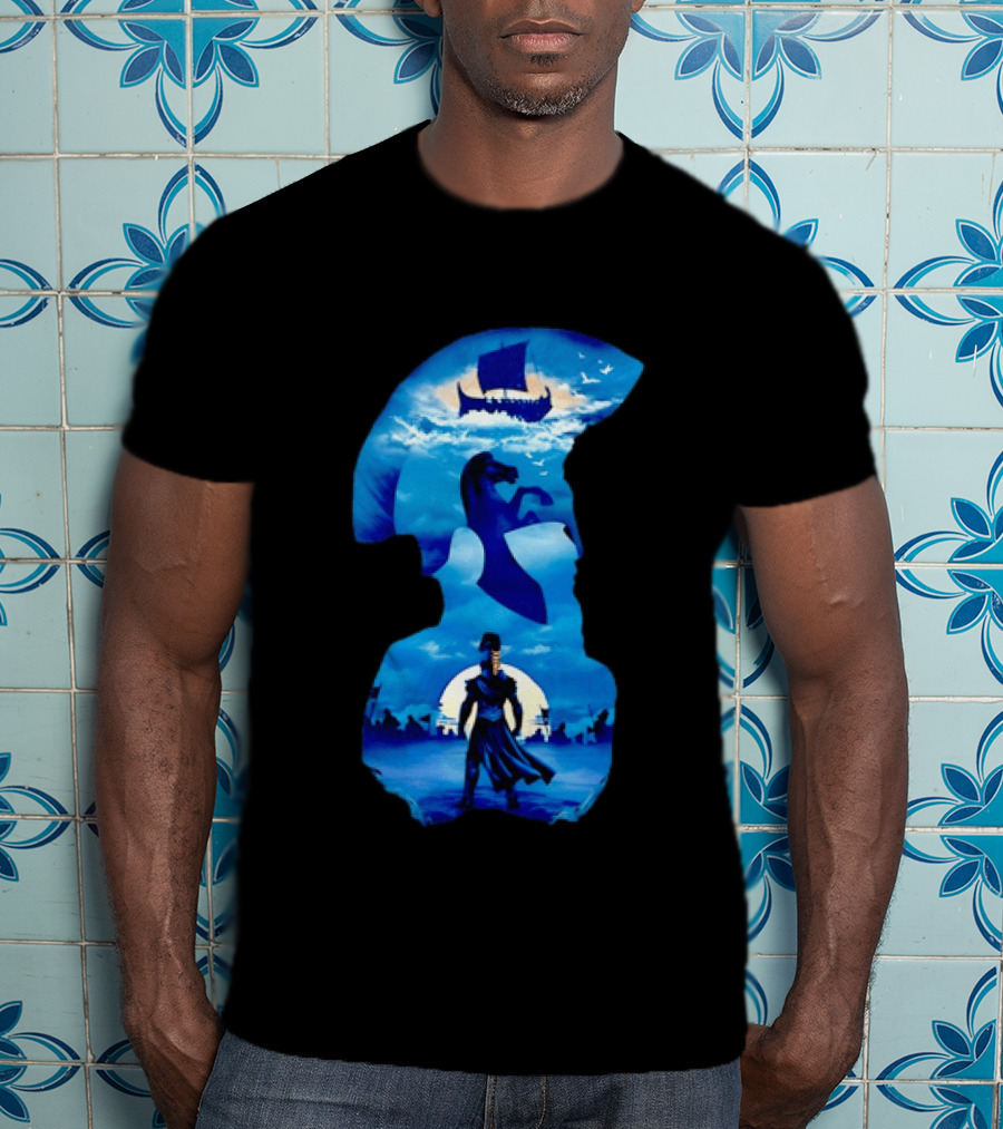 Spartan Warrior With Trojan Horse And Ancient Ship In Mythical Blue Scene T-Shirt