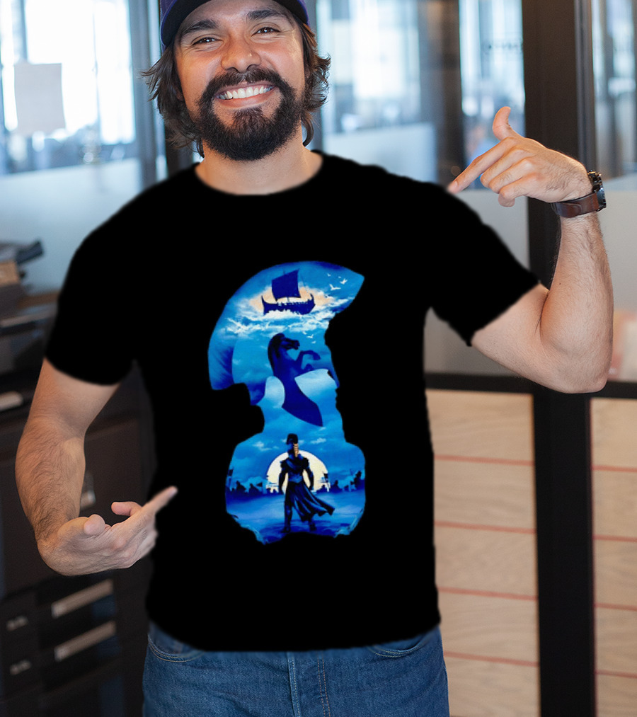 Spartan Warrior With Trojan Horse And Ancient Ship In Mythical Blue Scene T-Shirt