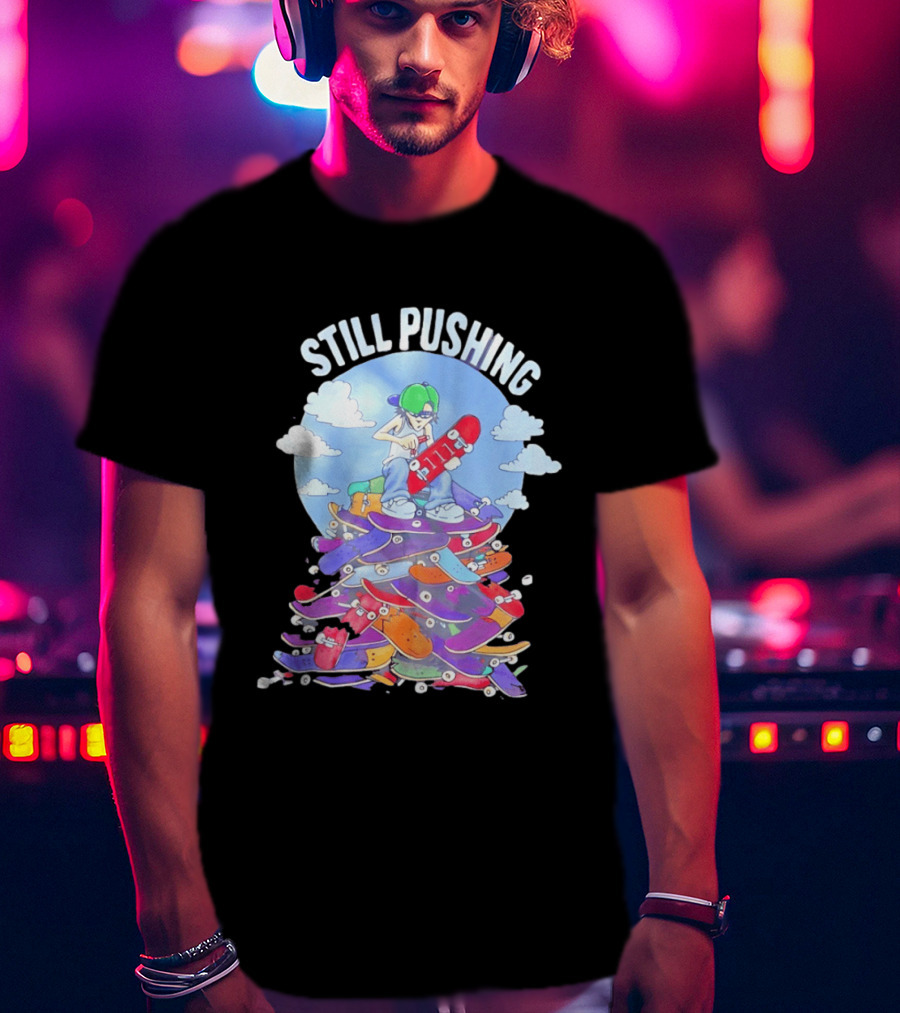 Still Pushing Skateboarder With 111 Skateboard Tower T-Shirt