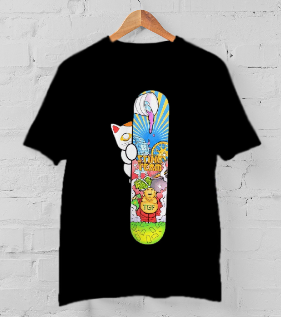 Stinc Team TGF Buddha Cat With Skateboard And Dripping Paint Aesthetic T-Shirt