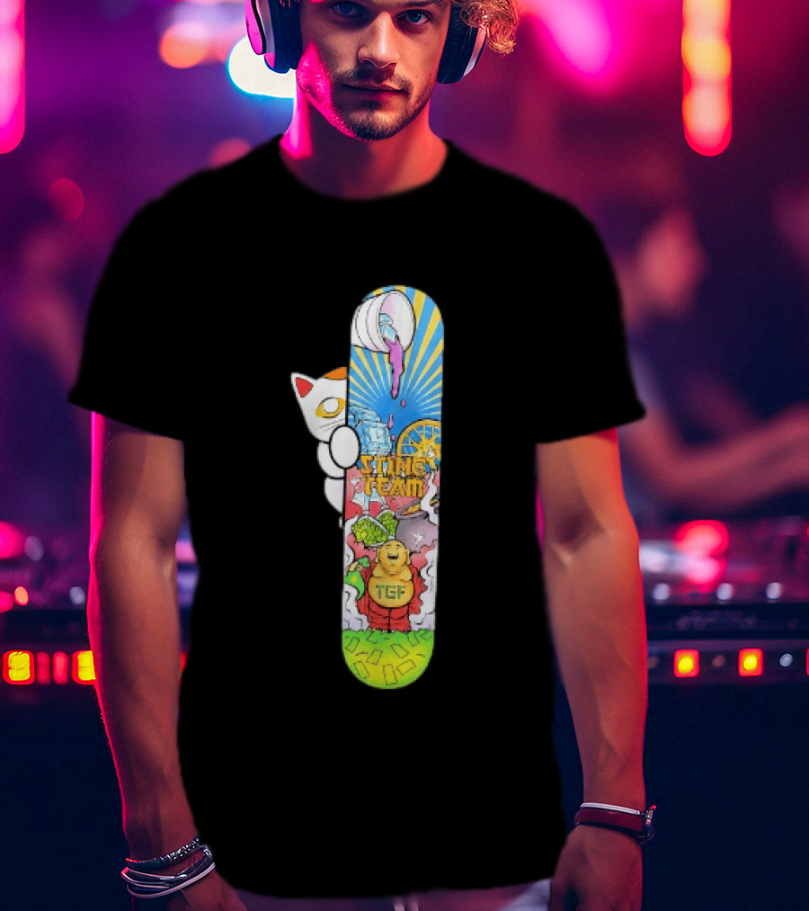 Stinc Team TGF Buddha Cat With Skateboard And Dripping Paint Aesthetic T-Shirt