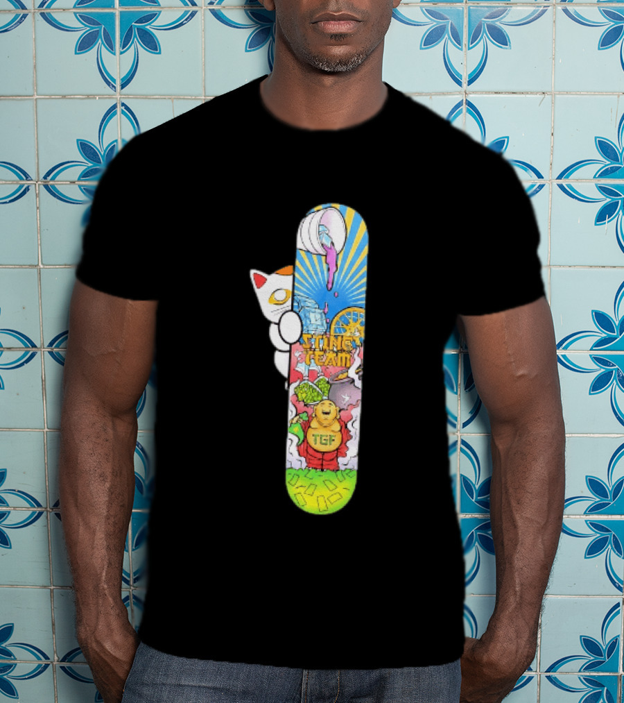 Stinc Team TGF Buddha Cat With Skateboard And Dripping Paint Aesthetic T-Shirt