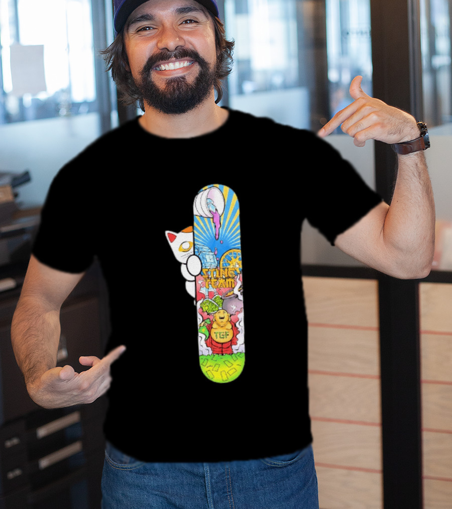 Stinc Team TGF Buddha Cat With Skateboard And Dripping Paint Aesthetic T-Shirt