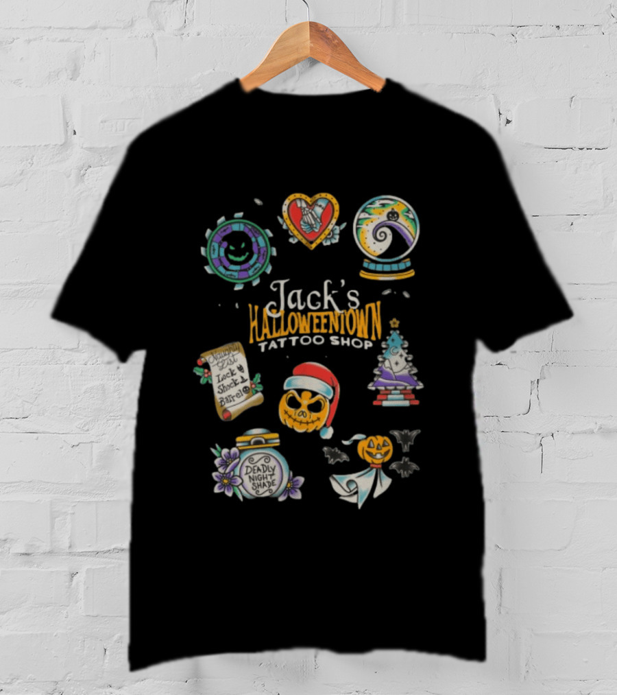 Jack's Halloweentown Tattoo Shop Oogie Boogie Santa Skull Lock Shock Barrel T-Shirt