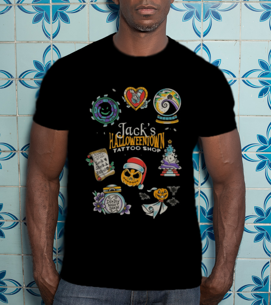 Jack's Halloweentown Tattoo Shop Oogie Boogie Santa Skull Lock Shock Barrel T-Shirt