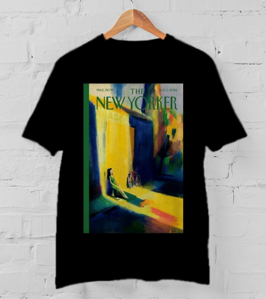 The New Yorker August 3 2026 Pierre Emmanuel Lyet Cover Art Female Figure With Bicycle In Vibrant Alley Scene T-Shirt