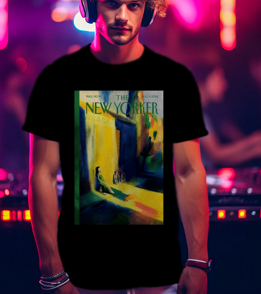 The New Yorker August 3 2026 Pierre Emmanuel Lyet Cover Art Female Figure With Bicycle In Vibrant Alley Scene T-Shirt