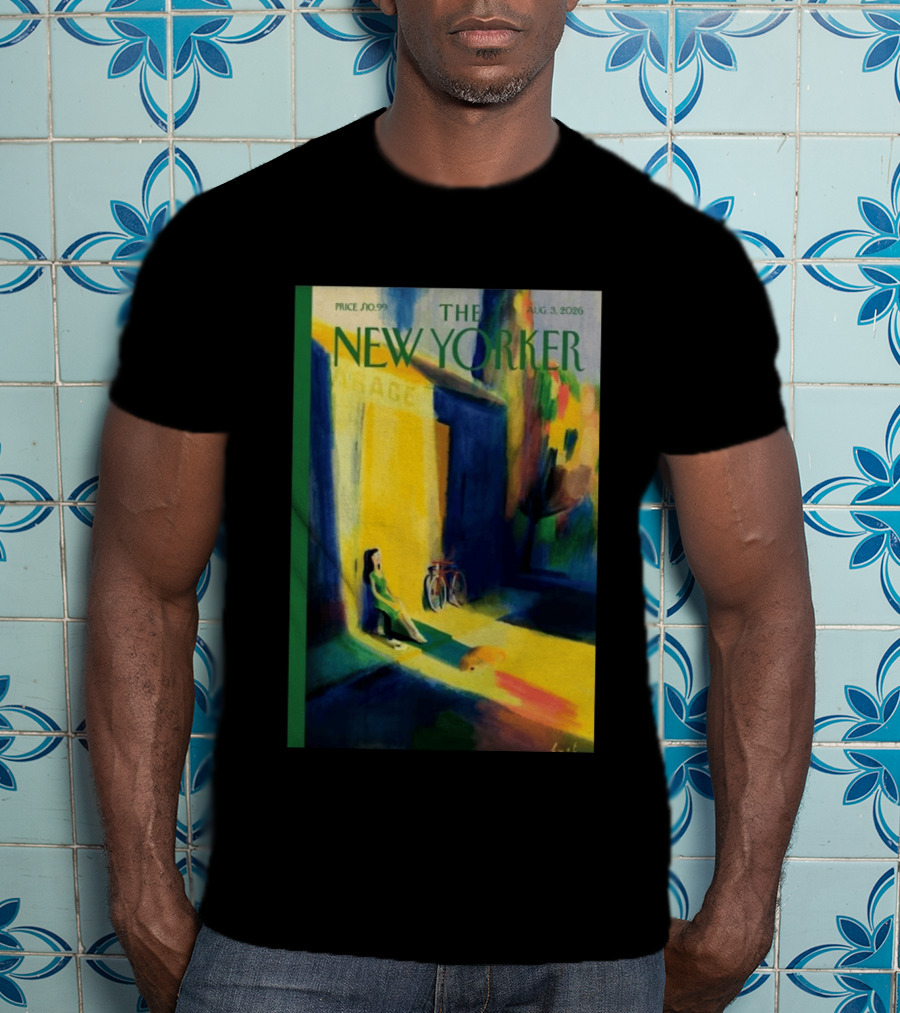 The New Yorker August 3 2026 Pierre Emmanuel Lyet Cover Art Female Figure With Bicycle In Vibrant Alley Scene T-Shirt